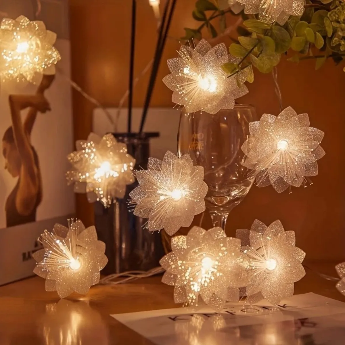 1 enchanting LED fiber optic flower fairy lamp - battery powered, sparkling white flower wreath, suitable for Valentine's Day