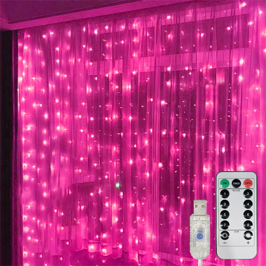 Valentine's Day Decor Pink Curtain Lights Garland USB Power Fairy Lights Festoon with Remote New Year Garland Led Lights