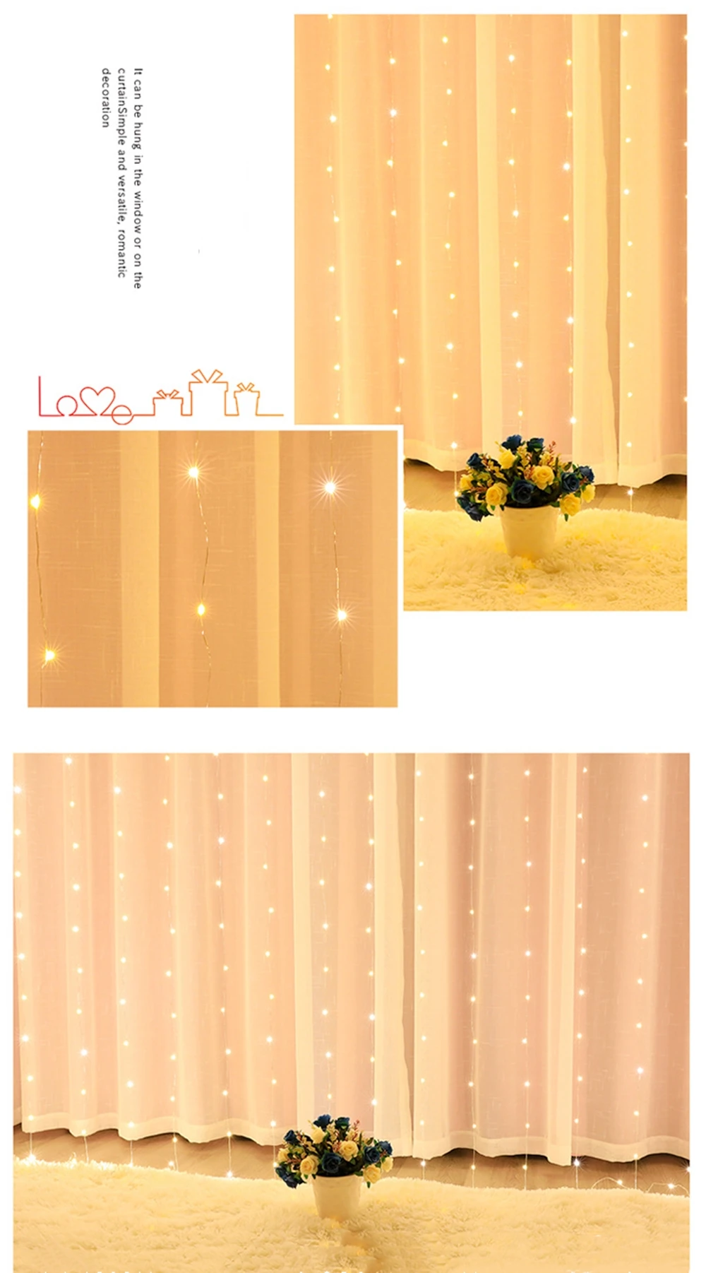LED Curtain Lights Warm Fairy String Lights Festival USB Lighting Rainbow Window Lamp Home Bedroom Wedding Christmas Decoration