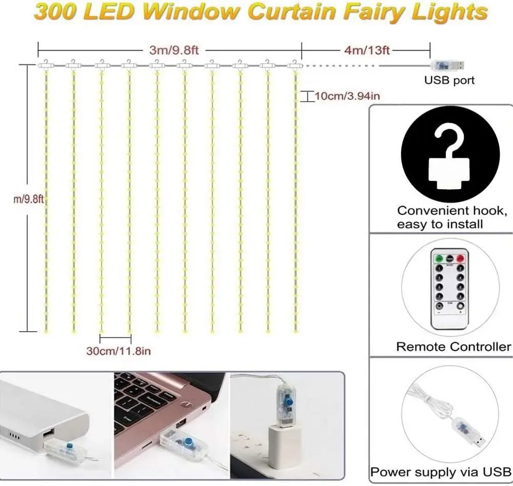 300LED Curtain Fairy Lights 8 Modes Indoor Twinkle String Lights with Remote Bedroom Window Wedding Party Wall Decor Christmas