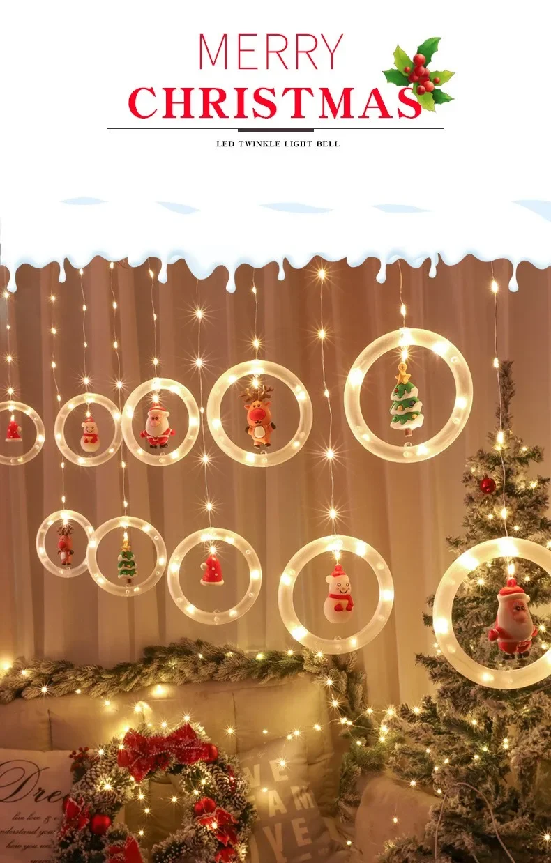 Christmas LED Strip Lights Room Garland LED Curtain Lamp USB Plug Christmas Decorations Lights for Bedroom Living Room Window