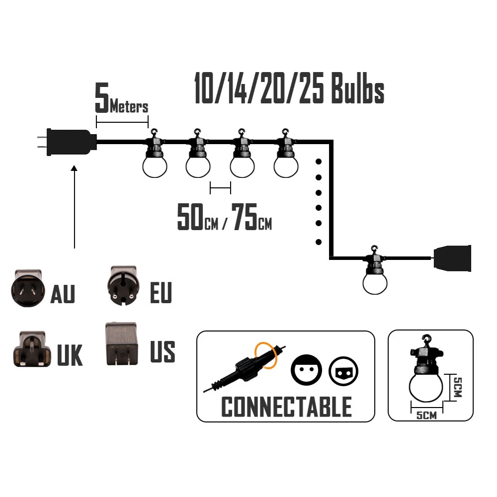 23Meters White Wire LED Garlands Outdoor G50 Bulbs Wedding Fairy Lights For Outdoor Festoon Christmas Garden Holiday Decorative