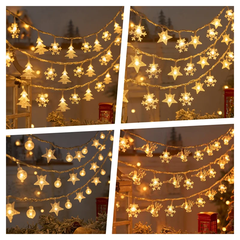LED Snowflake Light Garland Stars Fairy Light Battery-operated Xmas Tree Elk Decorativa Garland Party Wedding New Year's Decor