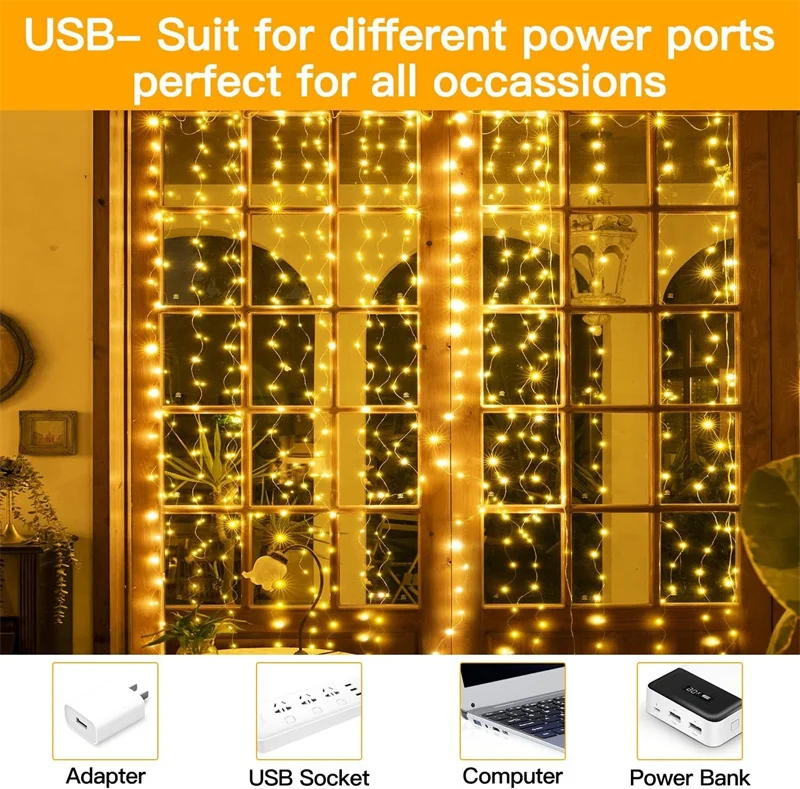 LED Curtain String Lights Christmas Garland Decor Fairy Light 8 Modes USB Remote Control Wedding Holiday Party for Bedroom Home