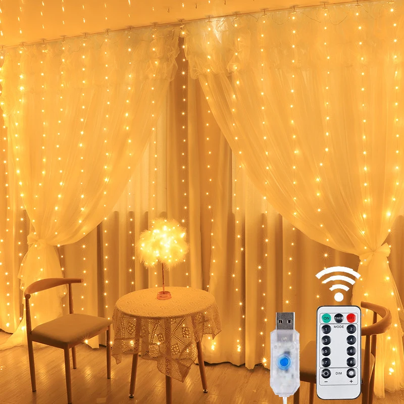 LED Curtain String Lights Christmas Garland Decor Fairy Light 8 Modes USB Remote Control Wedding Holiday Party for Bedroom Home