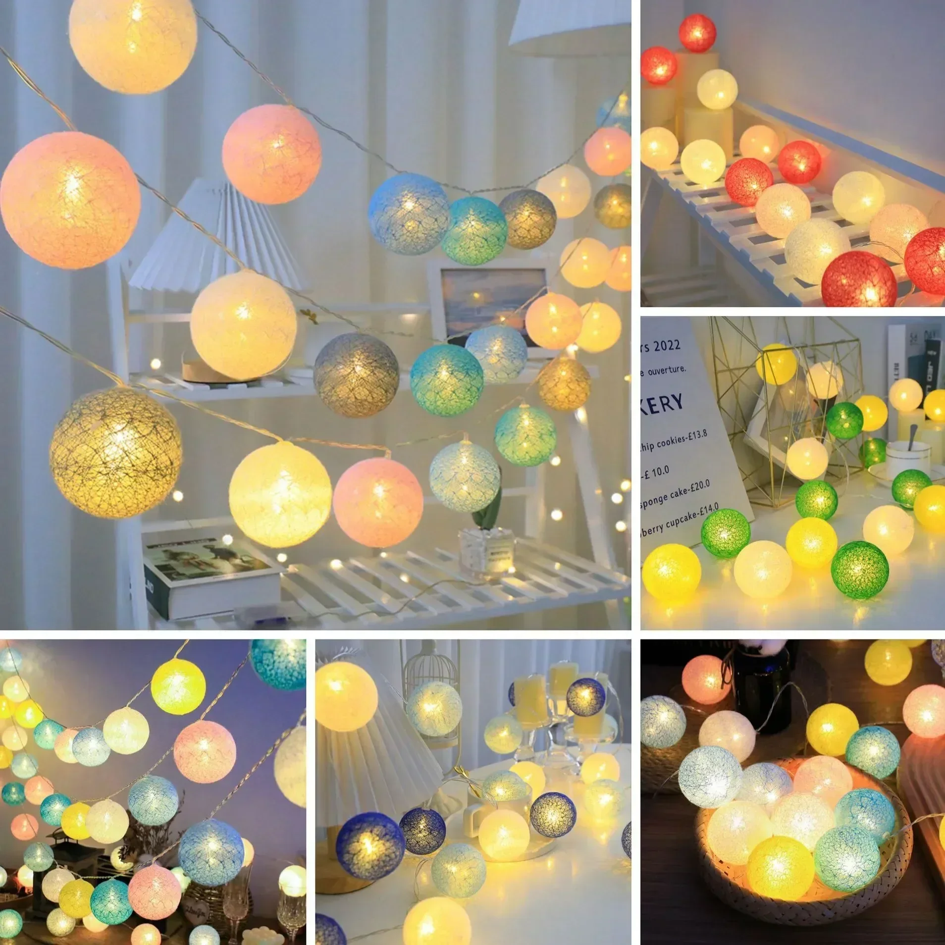 20LED Cotton Balls String Lights Garland Fairy Street Lights Christmas Decorations for Home Outdoor Wedding Garden Patio Lights