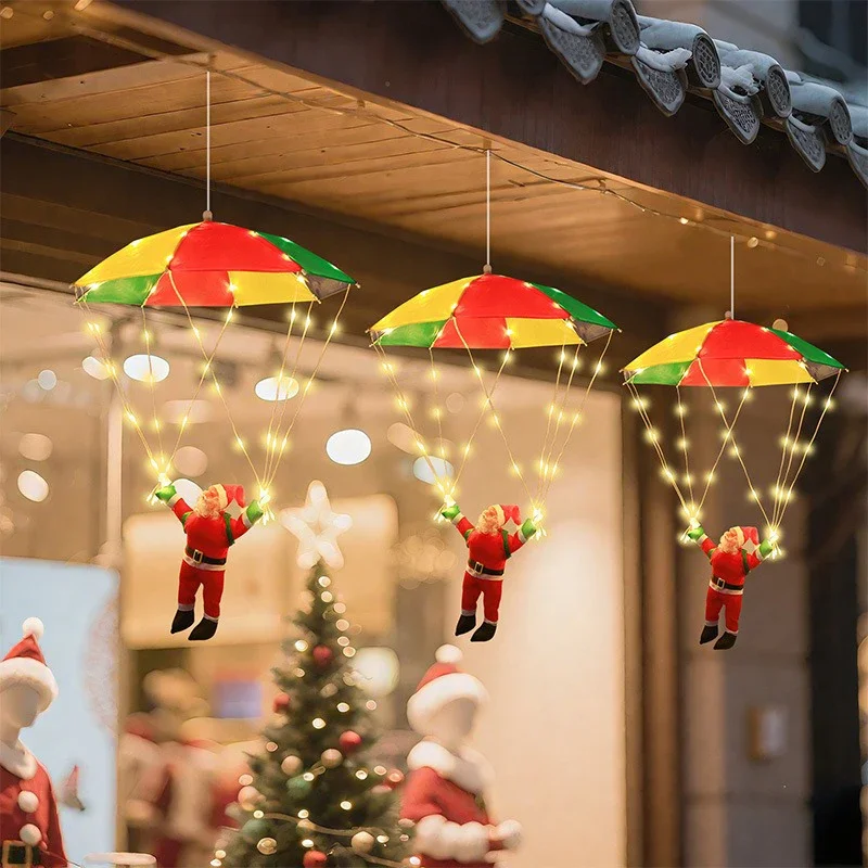 Parachute Lighting Fixture Santa Claus Hanging Deco Leather Wire Lamp Christmas Holiday Party Eaves Courtyard LED Light String