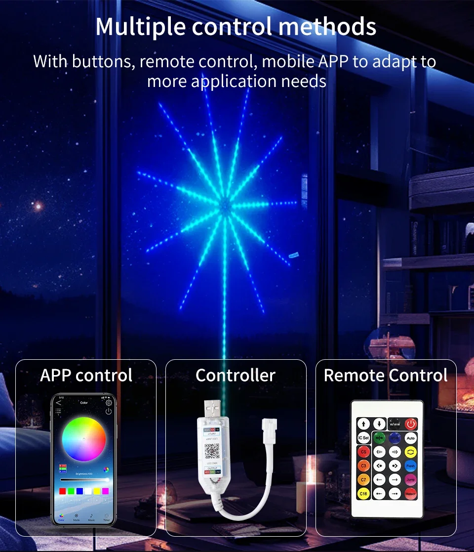 Bluetooth APP Control 5V USB LED Fireworks Light Garland RGBIC String Lights Music Sync Bedroom Wedding Party Christmas Decor