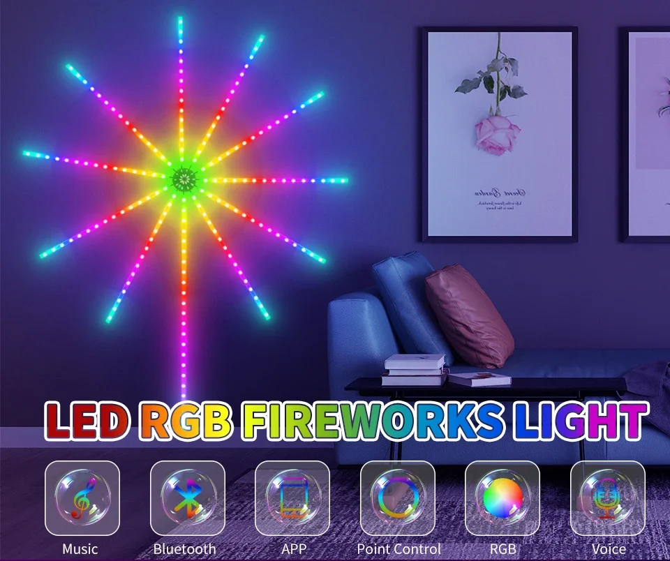 Bluetooth APP Control 5V USB LED Fireworks Light Garland RGBIC String Lights Music Sync Bedroom Wedding Party Christmas Decor