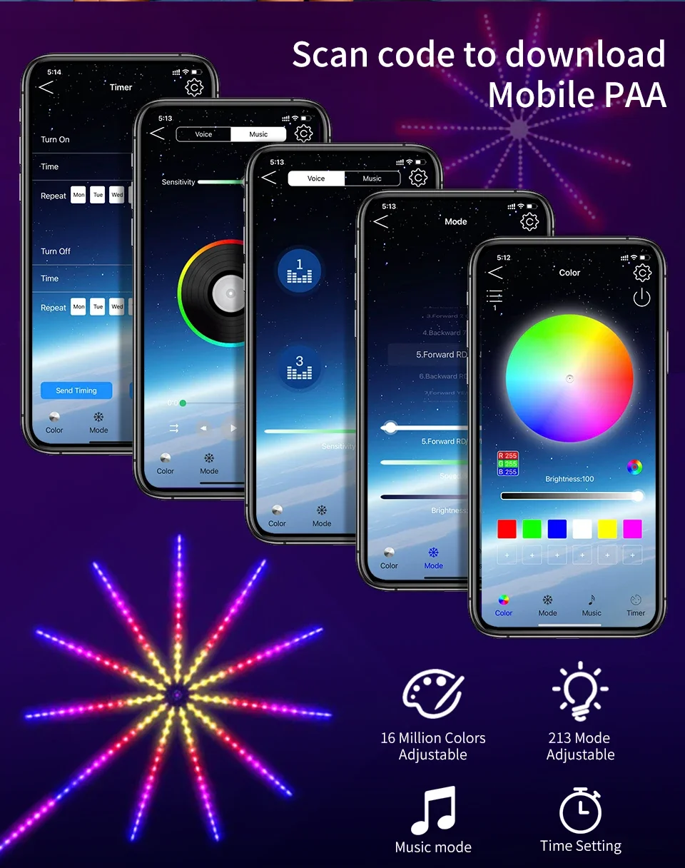Bluetooth APP Control 5V USB LED Fireworks Light Garland RGBIC String Lights Music Sync Bedroom Wedding Party Christmas Decor