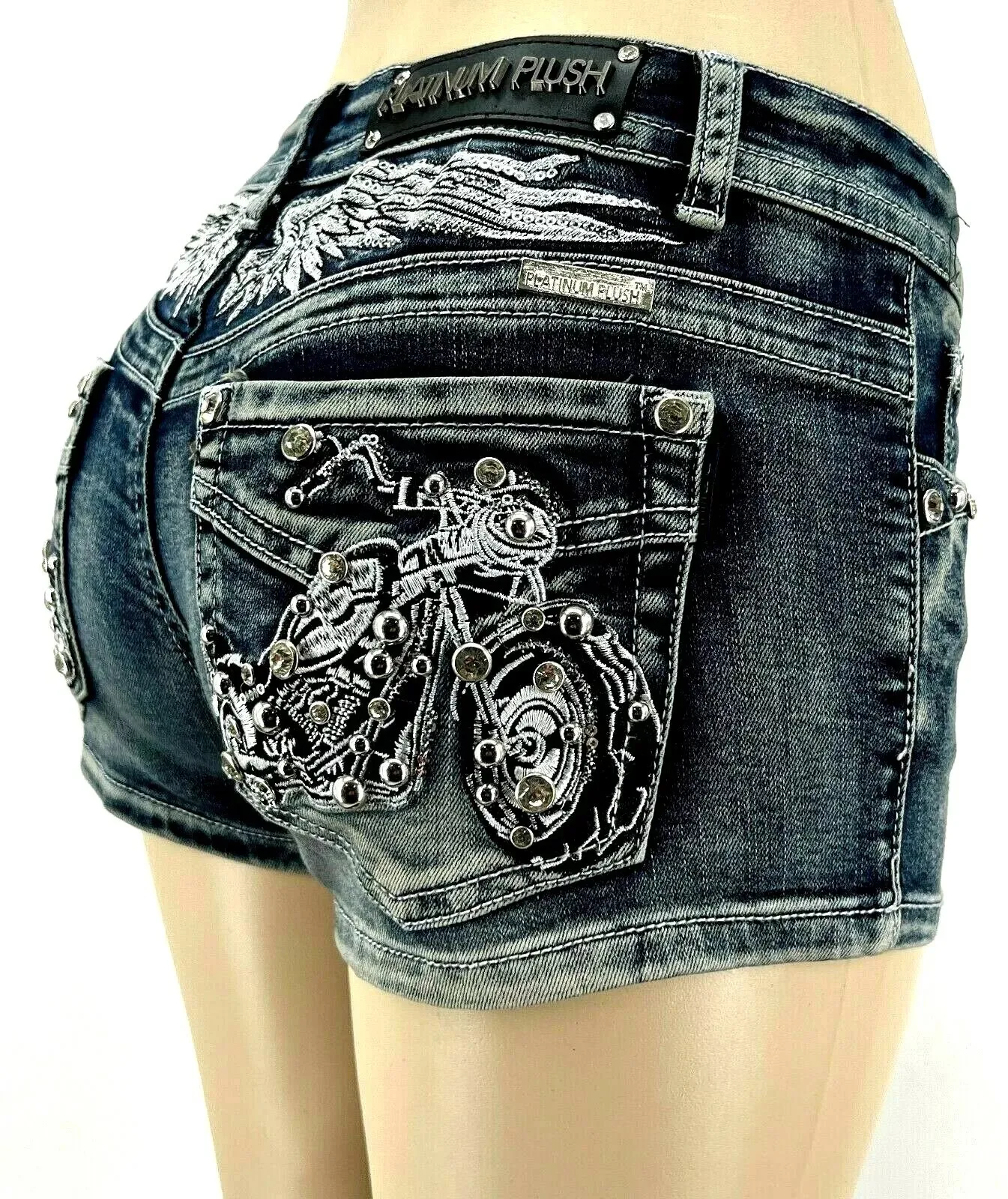 Women Rider Motorcycle Wing Rivet Embroidery Shorts Y2k Vintage Gothic Hot Girl Sexy Washed Denim Shorts Low Waist Mini Skirts