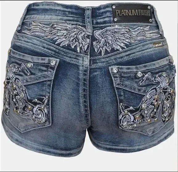 Women Rider Motorcycle Wing Rivet Embroidery Shorts Y2k Vintage Gothic Hot Girl Sexy Washed Denim Shorts Low Waist Mini Skirts