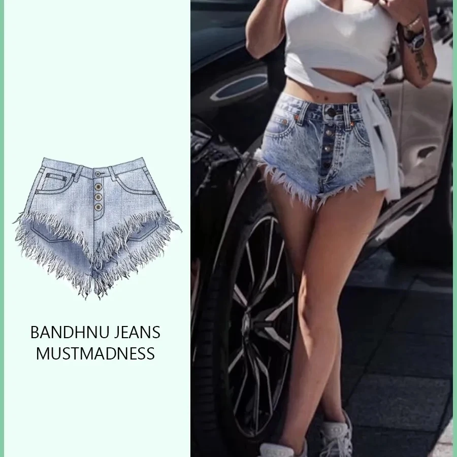 Fashion Denim Shorts Women's Streetwear Bar Spicy Girl A-line Wide Leg Shorts Summer High Waisted Breasted Fringe Hot Pants