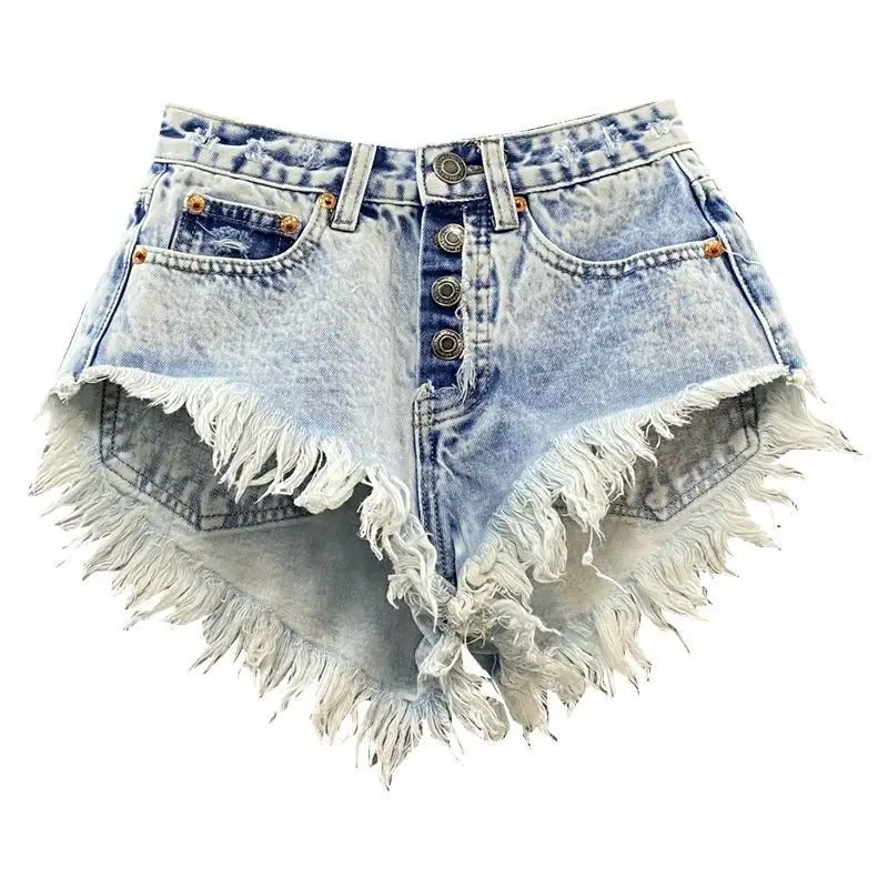 Fashion Denim Shorts Women's Streetwear Bar Spicy Girl A-line Wide Leg Shorts Summer High Waisted Breasted Fringe Hot Pants