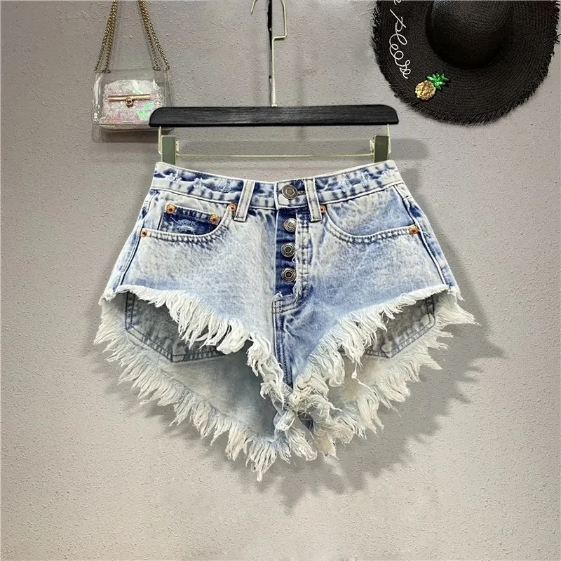 Fashion Denim Shorts Women's Streetwear Bar Spicy Girl A-line Wide Leg Shorts Summer High Waisted Breasted Fringe Hot Pants