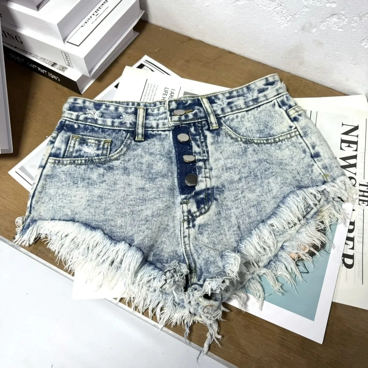 Fashion Denim Shorts Women's Streetwear Bar Spicy Girl A-line Wide Leg Shorts Summer High Waisted Breasted Fringe Hot Pants