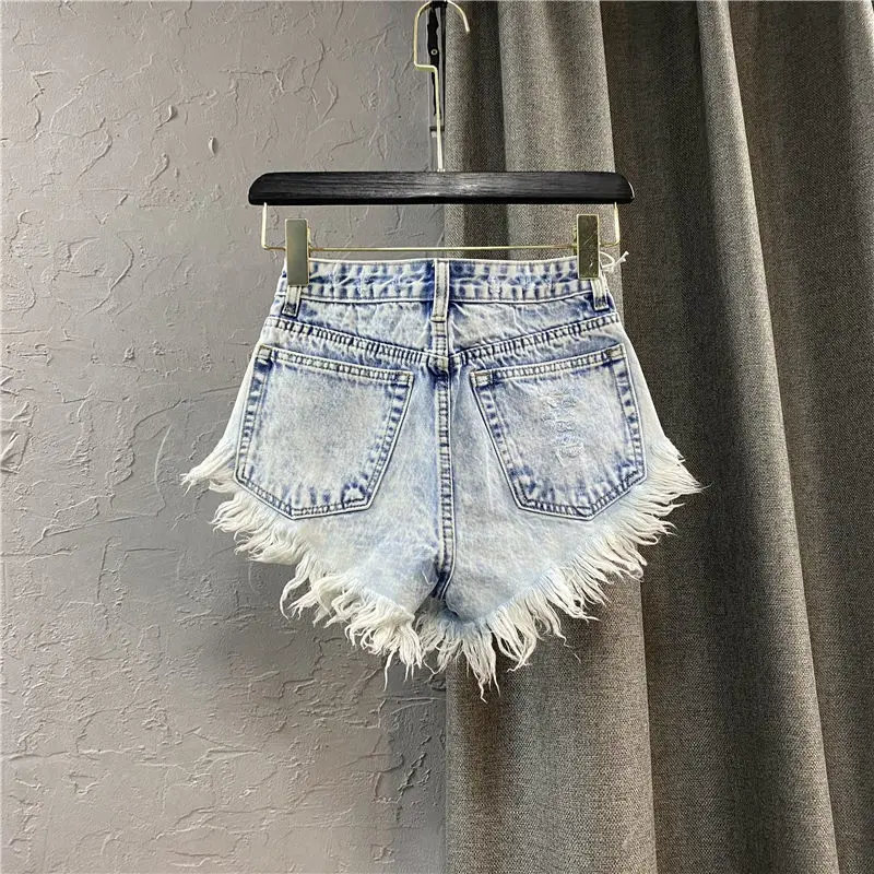 Fashion Denim Shorts Women's Streetwear Bar Spicy Girl A-line Wide Leg Shorts Summer High Waisted Breasted Fringe Hot Pants