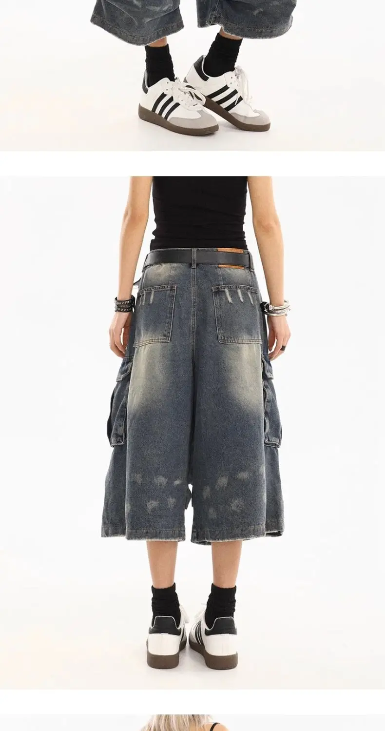 American Style Women Vintage Washed Workwear Denim Shorts Multiple Pockets Pleated Design Loose Drapey Seven-Foot Pants