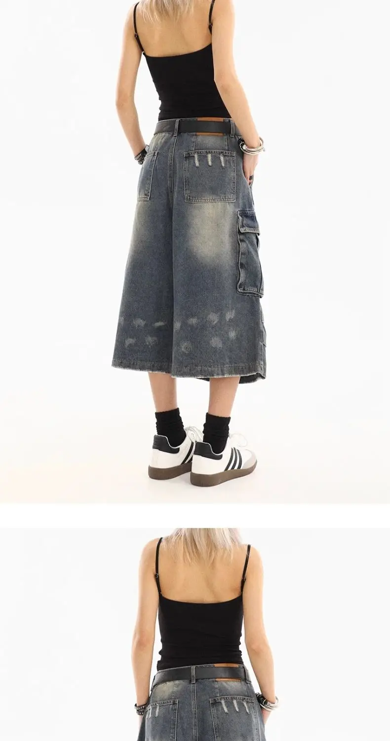 American Style Women Vintage Washed Workwear Denim Shorts Multiple Pockets Pleated Design Loose Drapey Seven-Foot Pants