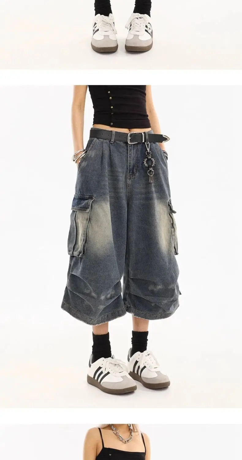 American Style Women Vintage Washed Workwear Denim Shorts Multiple Pockets Pleated Design Loose Drapey Seven-Foot Pants