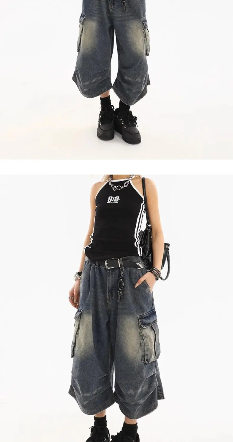 American Style Women Vintage Washed Workwear Denim Shorts Multiple Pockets Pleated Design Loose Drapey Seven-Foot Pants