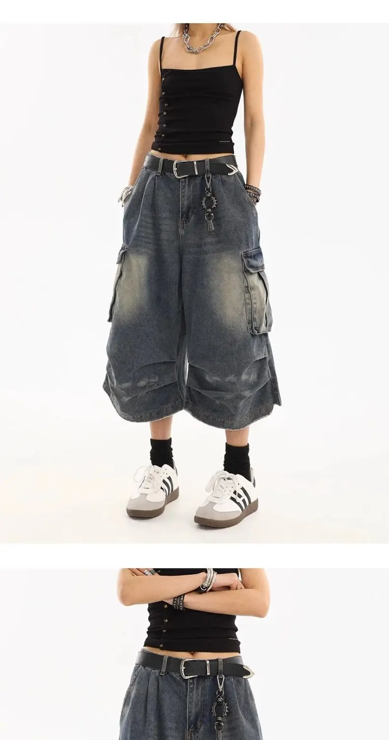 American Style Women Vintage Washed Workwear Denim Shorts Multiple Pockets Pleated Design Loose Drapey Seven-Foot Pants