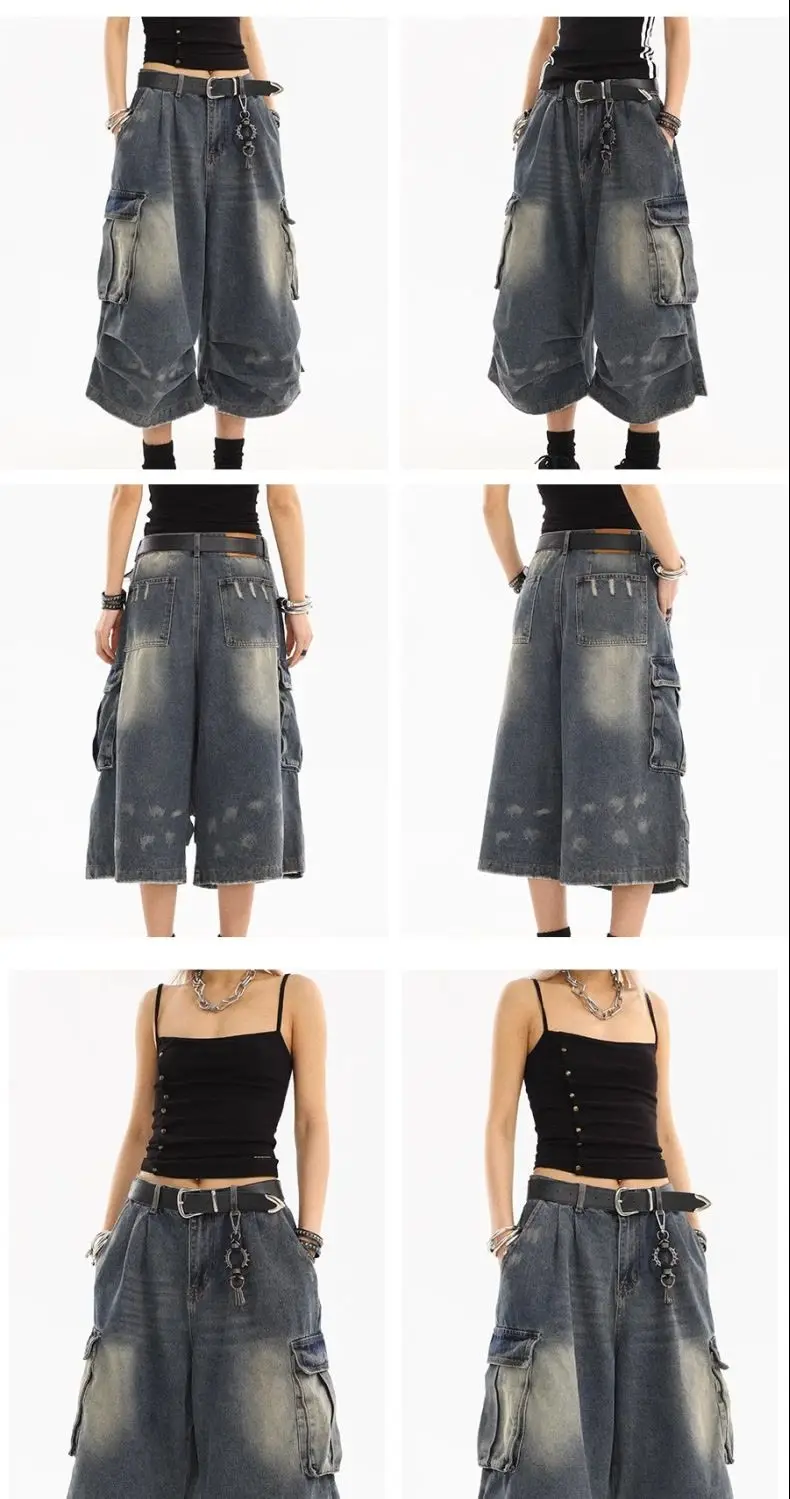 American Style Women Vintage Washed Workwear Denim Shorts Multiple Pockets Pleated Design Loose Drapey Seven-Foot Pants