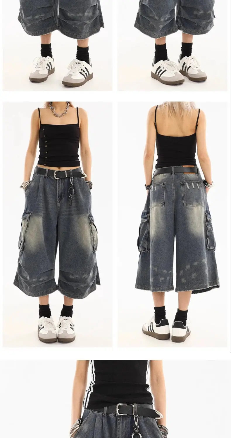 American Style Women Vintage Washed Workwear Denim Shorts Multiple Pockets Pleated Design Loose Drapey Seven-Foot Pants