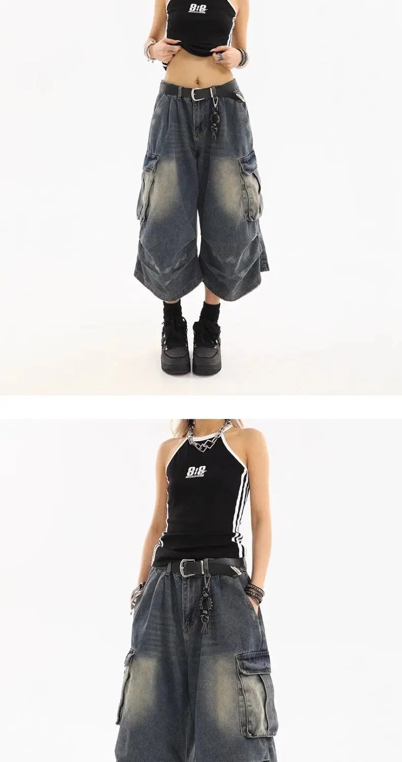 American Style Women Vintage Washed Workwear Denim Shorts Multiple Pockets Pleated Design Loose Drapey Seven-Foot Pants