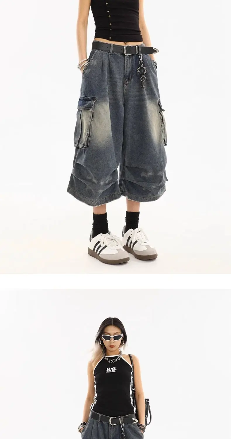 American Style Women Vintage Washed Workwear Denim Shorts Multiple Pockets Pleated Design Loose Drapey Seven-Foot Pants