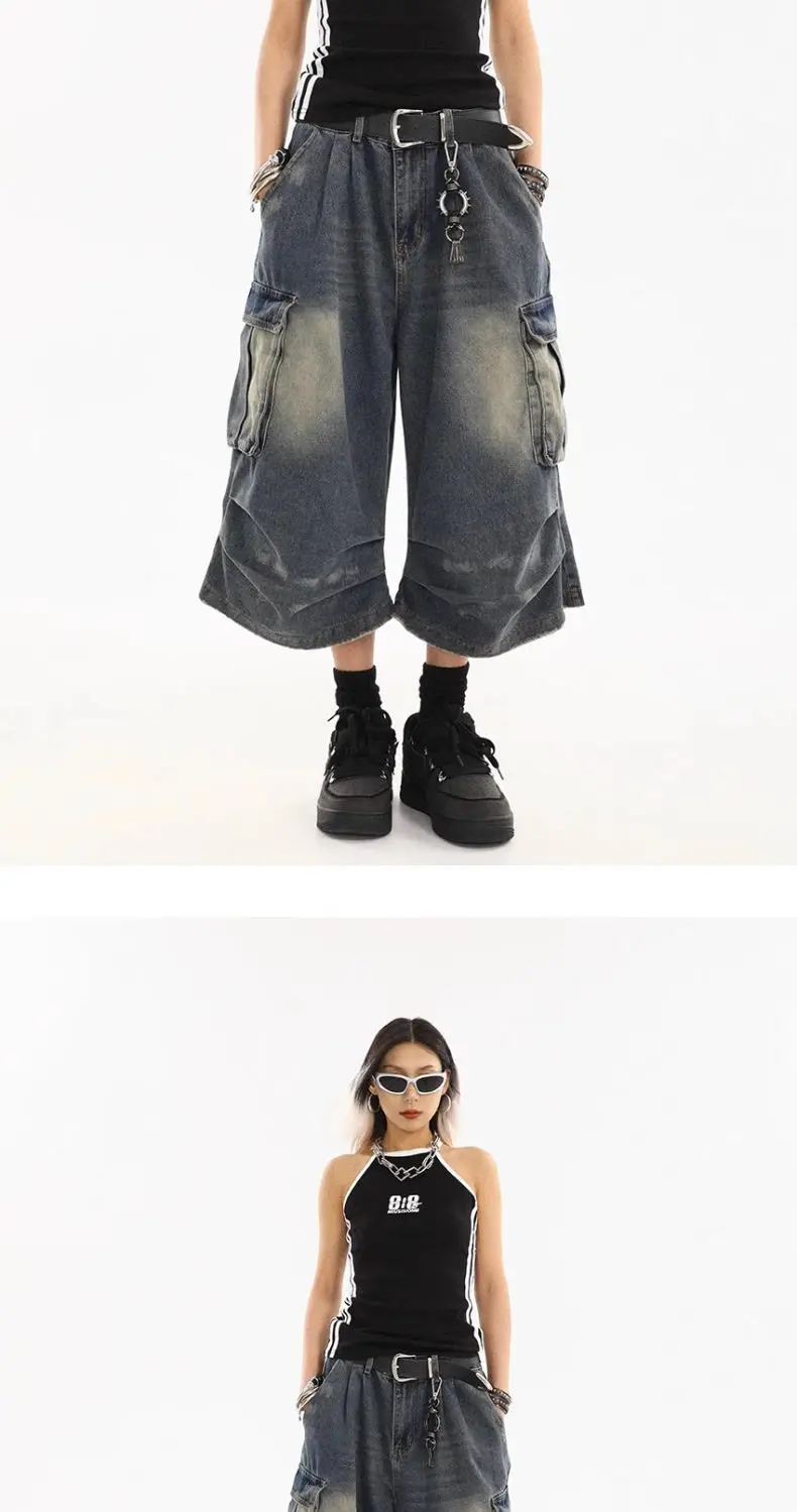 American Style Women Vintage Washed Workwear Denim Shorts Multiple Pockets Pleated Design Loose Drapey Seven-Foot Pants