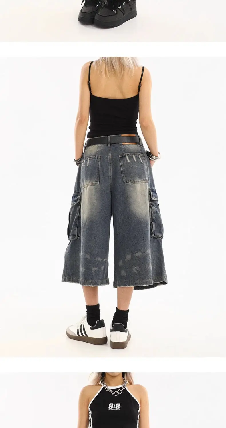 American Style Women Vintage Washed Workwear Denim Shorts Multiple Pockets Pleated Design Loose Drapey Seven-Foot Pants