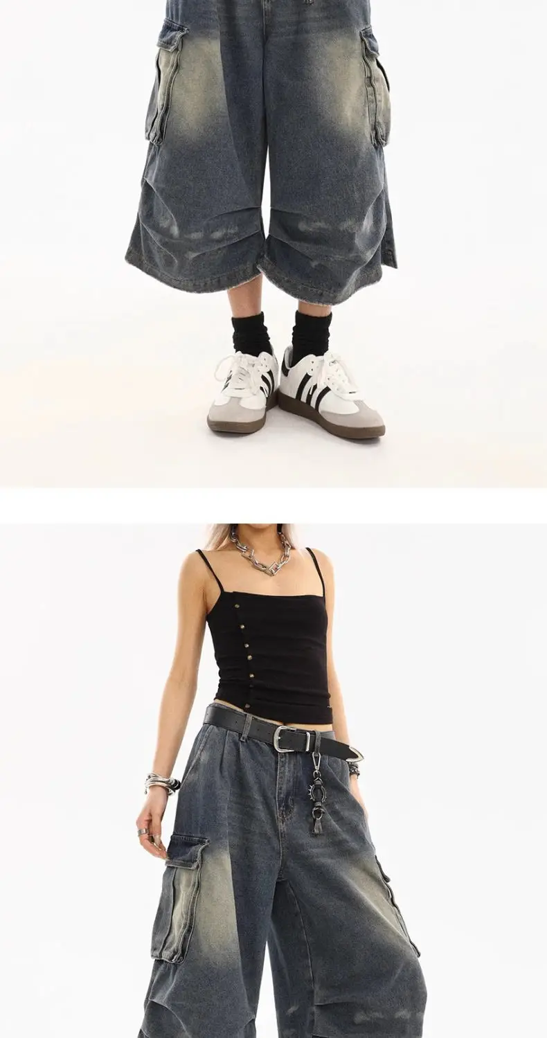American Style Women Vintage Washed Workwear Denim Shorts Multiple Pockets Pleated Design Loose Drapey Seven-Foot Pants