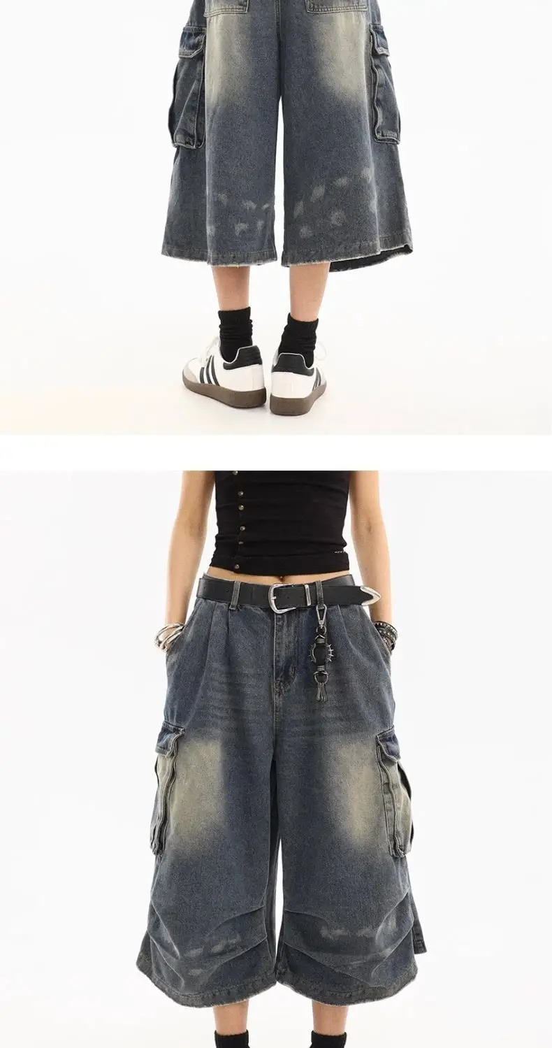 American Style Women Vintage Washed Workwear Denim Shorts Multiple Pockets Pleated Design Loose Drapey Seven-Foot Pants