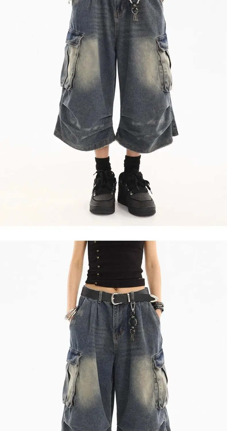 American Style Women Vintage Washed Workwear Denim Shorts Multiple Pockets Pleated Design Loose Drapey Seven-Foot Pants