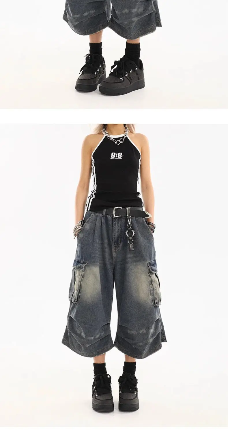 American Style Women Vintage Washed Workwear Denim Shorts Multiple Pockets Pleated Design Loose Drapey Seven-Foot Pants