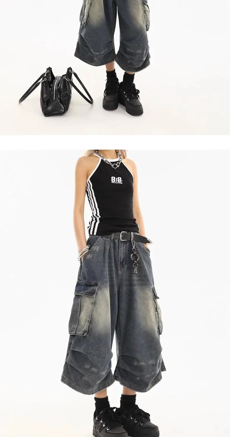 American Style Women Vintage Washed Workwear Denim Shorts Multiple Pockets Pleated Design Loose Drapey Seven-Foot Pants