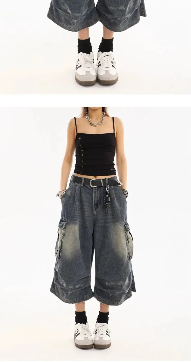 American Style Women Vintage Washed Workwear Denim Shorts Multiple Pockets Pleated Design Loose Drapey Seven-Foot Pants