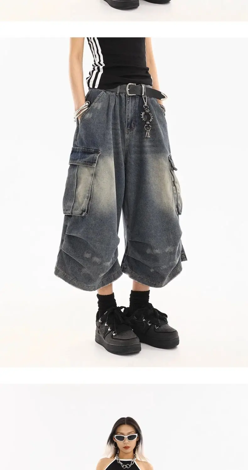 American Style Women Vintage Washed Workwear Denim Shorts Multiple Pockets Pleated Design Loose Drapey Seven-Foot Pants