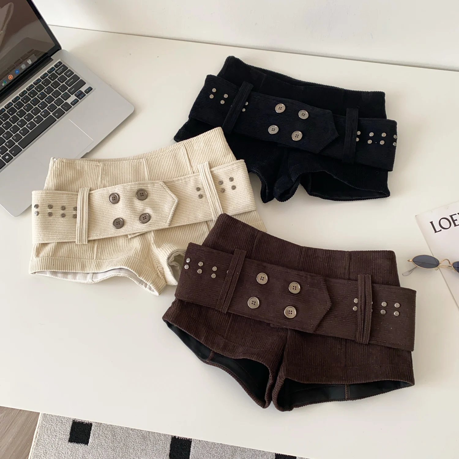 SINGREINY American Retro Corduroy Shorts Women Button Sashes Design Autumn Low Waist Sensual Streetwear Hot Girl Mini Shorts