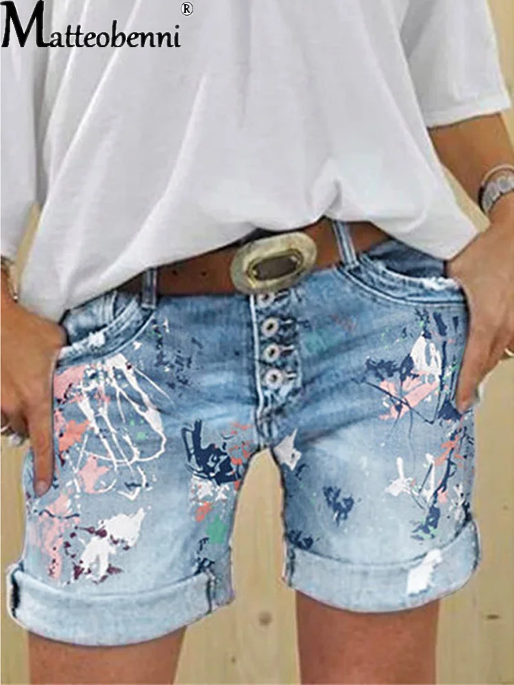 2025 Female Casual Bottoms Harajuku Vintage Streetwear Summer New Buttons Women Denim Shorts Washed Flower Print Jeans