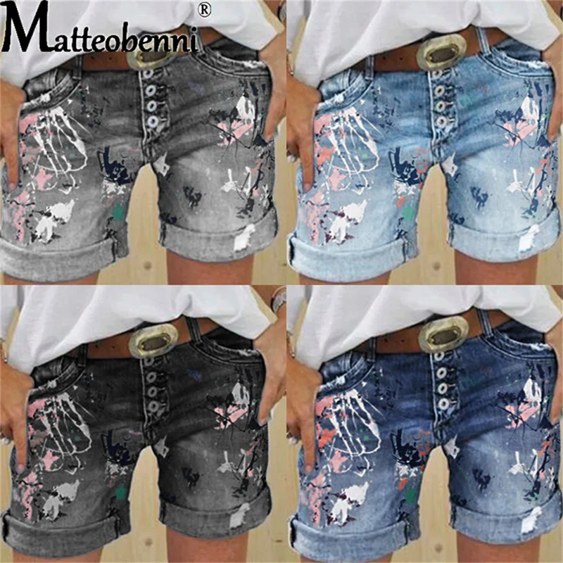 2025 Female Casual Bottoms Harajuku Vintage Streetwear Summer New Buttons Women Denim Shorts Washed Flower Print Jeans