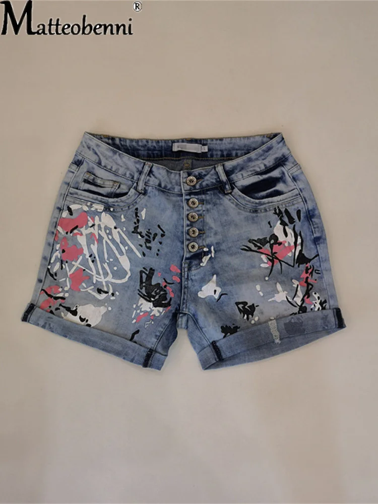 2025 Female Casual Bottoms Harajuku Vintage Streetwear Summer New Buttons Women Denim Shorts Washed Flower Print Jeans