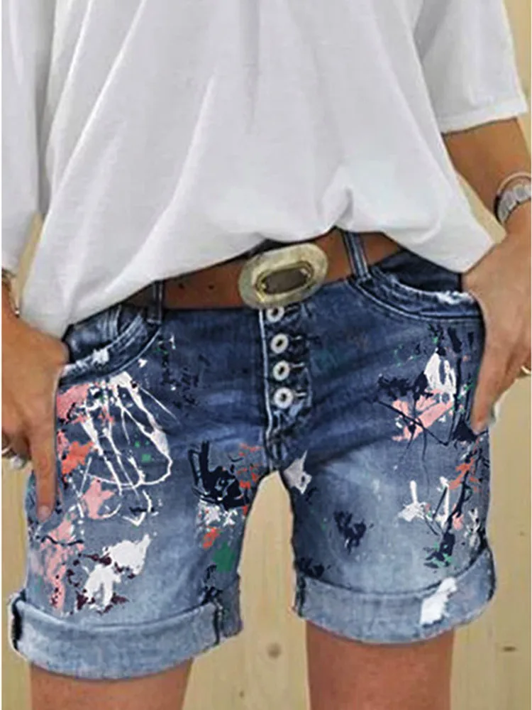 2025 Female Casual Bottoms Harajuku Vintage Streetwear Summer New Buttons Women Denim Shorts Washed Flower Print Jeans