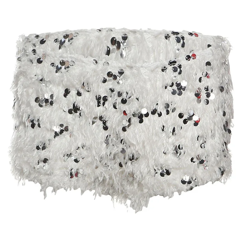 SylCue Furry Tassel Mini Shorts Woman 2026 New Style Sequin Patchwork Elastic Waist Sweet Girls Street Fashion Elegant Bottoms