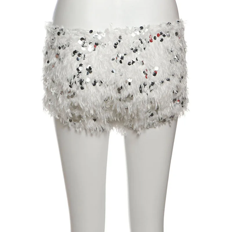 SylCue Furry Tassel Mini Shorts Woman 2026 New Style Sequin Patchwork Elastic Waist Sweet Girls Street Fashion Elegant Bottoms