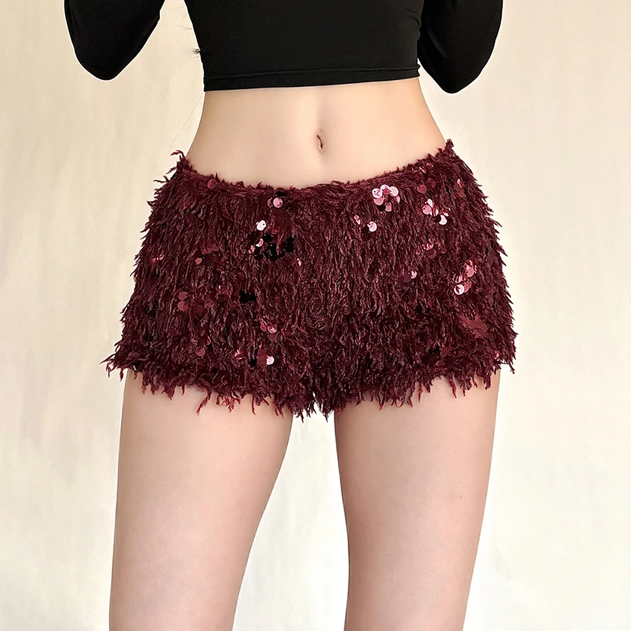 SylCue Furry Tassel Mini Shorts Woman 2026 New Style Sequin Patchwork Elastic Waist Sweet Girls Street Fashion Elegant Bottoms