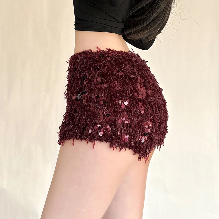 SylCue Furry Tassel Mini Shorts Woman 2026 New Style Sequin Patchwork Elastic Waist Sweet Girls Street Fashion Elegant Bottoms