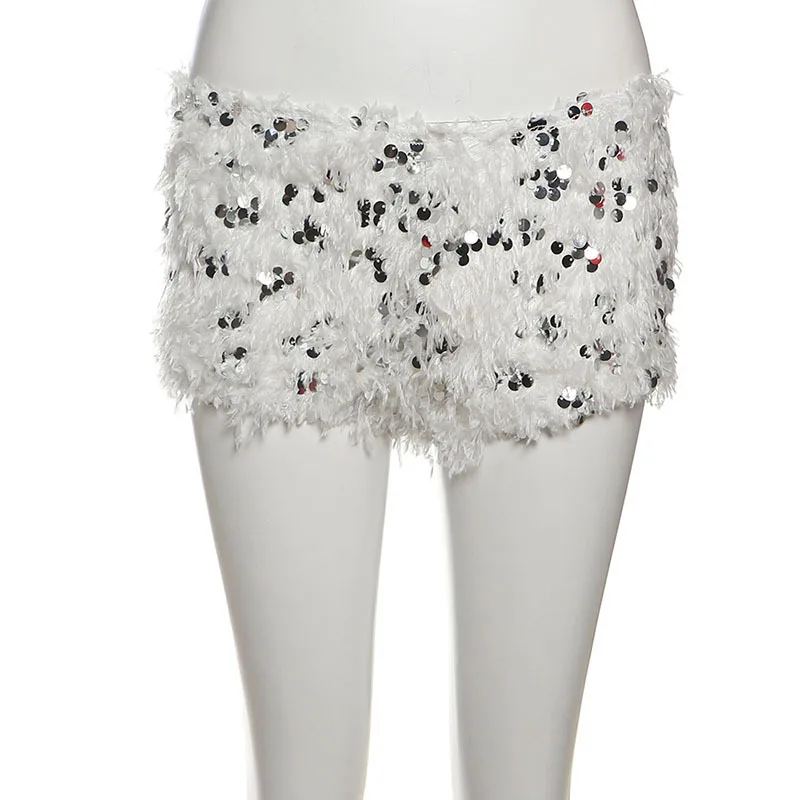 SylCue Furry Tassel Mini Shorts Woman 2026 New Style Sequin Patchwork Elastic Waist Sweet Girls Street Fashion Elegant Bottoms