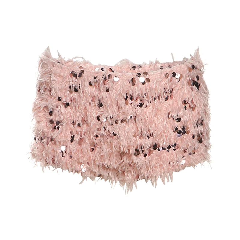SylCue Furry Tassel Mini Shorts Woman 2026 New Style Sequin Patchwork Elastic Waist Sweet Girls Street Fashion Elegant Bottoms